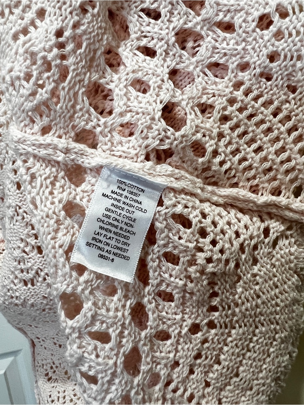 Crochet Bell Sleeve Sweater Front Tie Closure Light Pink Size Large Cotton Knit - Picture 10 of 12